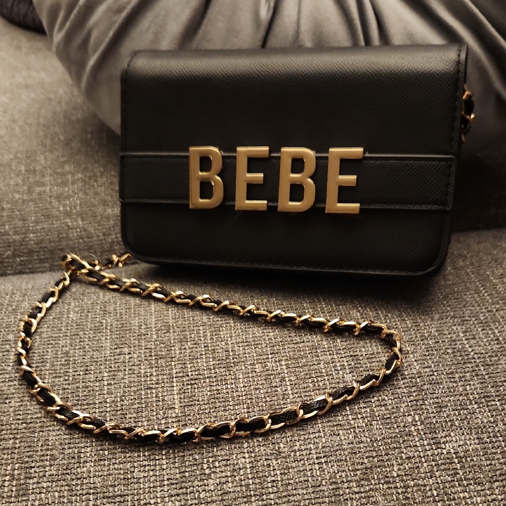 Bebe Black and Gold Crossbody Bag with Chain Strap